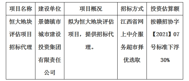 恒大地塊評估項目招標代理計劃公告