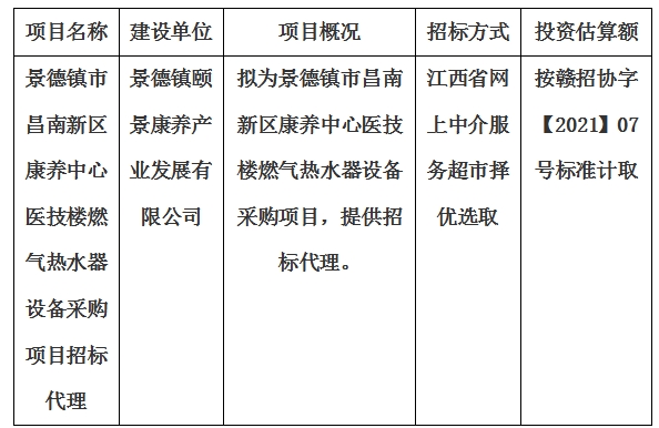 景德鎮市昌南新區康養中心醫技樓燃氣熱水器設備采購項目招標代理計劃公告