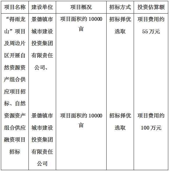 景德鎮市“得雨龍山”項目及周邊片區開展自然資源資產組合供應項目、自然資源資產組合供應融資項目招標計劃公告
