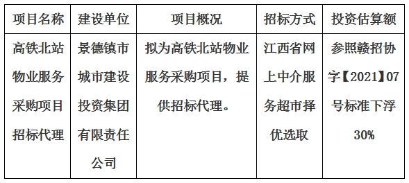 高鐵北站物業(yè)服務(wù)采購項(xiàng)目招標(biāo)代理計(jì)劃公告
